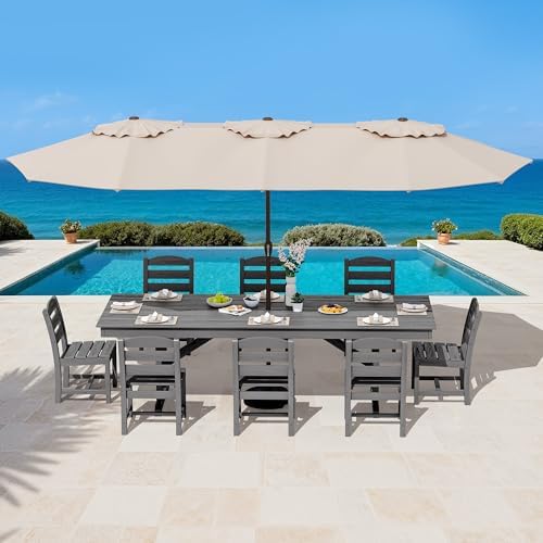 SERWALL 9Pcs 84" HDPE Outdoor Dining Set for 8 with Armless Chairs,Gray - Image 6