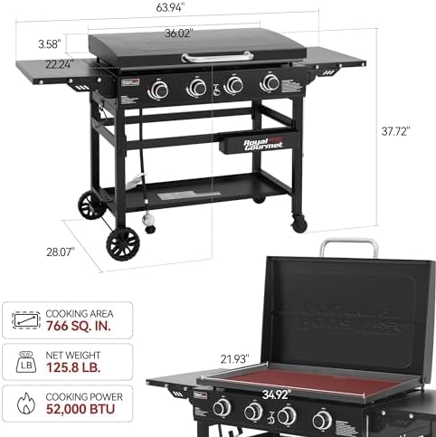 Royal Gourmet GB4000P 4 Burner Propane Gas Griddle, Hard Cover, Side Tables - Image 3