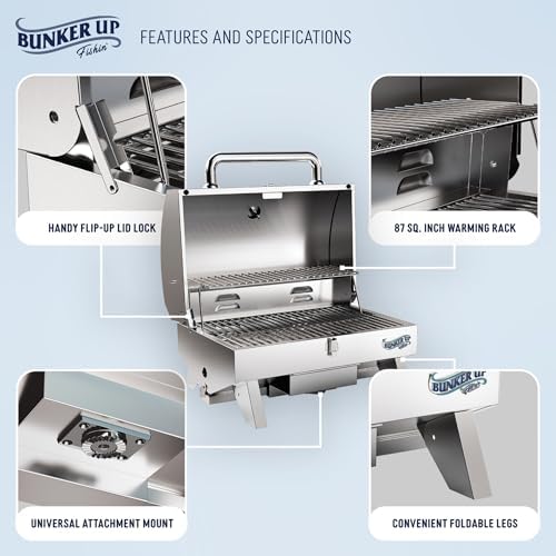Bunker Up Fishin Stainless Steel Boat Grill with Rod Holder Mount - Great for Boating and Camping - Portable Tabletop BBQ Grill, 12000 BTU Burner, 277 sq.in Grilling Space and 87 sq.in Warming Rack - Image 4