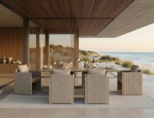 PURPLE LEAF Outdoor Dining Set 7 Pcs with Olefin Cushion Armchairs Beige by PURPLELEAF