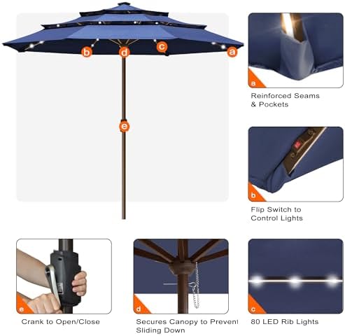 EliteShade USA 10-Year-Non-Fading 10ft 3-Tier Market Patio Umbrella, Commercial Table Umbrella with 80 Solar LED Lights, Crank Open, Windproof & UPF 50+ UV Protection for Garden, Deck, Pool, Backyard, No Tilt, Navy Blue - Image 5