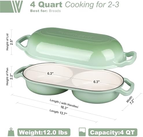 VORRINGARD Enameled Cast Iron Double Dutch Oven with Lid, Dual Round Loaf Pan, Bread pan for Homemade Sourdough Bread Baking, Green - Image 2