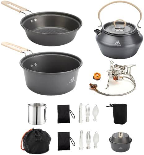 THTYBROS 27pcs Camping Cooking Set for 2-4 People, Portable Cookware Set with Kettle, Pots & Pans, Stainless Steel Utensils, Plates, Dishware for Backpacking, Picnic, Outdoor Adventures by THTYBROS