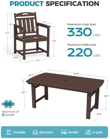 Ciokea HDPE Outdoor Dining Set of 6, Patio Table and Chairs Sets, Brown - Image 2
