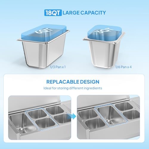 ROVSUN Refrigerated Condiment Prep Station, 40" Sandwich Prep Table ETL NSF, 18QT Salad Bar Prep Rail w/Auto Defrost, Temp Control, Stainless Steel Cover, 1/3 Pan & 4 1/6 Pan for Restaurant Food Truck - Image 5