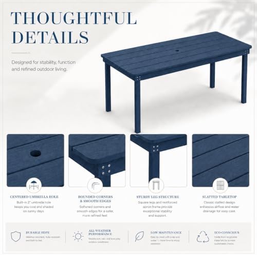 64" Rectangular Outdoor Dining Table, All-Weather HDPE Patio Table for 6-8 Person, Large Composite Wood Furniture with Umbrella Hole for Backyard Deck Garden Poolside, Navy Blue - Image 7