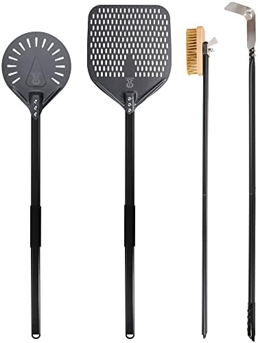 Pizza Turning Peel 9 Inch Perforated Pizza Peel and Pizza Brush Ash Rake 4 Piece Wood Fired Commercial Pizza Oven Utensil Kit with 40-Inch Aluminum Handle by SHANGPEIXUAN