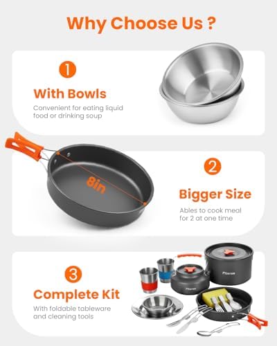 Fitense 21Pcs Camping Cookware Mess Kit for 2, Lightweight Camping Kitchen Pots and Pans Set, Portable Cooking Essentials for Backpacking, Hiking and Picnic - Image 5