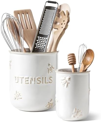 LE TAUCI Kitchen Utensil Holder Set of 2 - 6.9"+5.3" Large Ceramic Cooking Utensil Crock & Organizer for Spatula, Spoon, Whisk - Farmhouse Countertop Storage, Arctic White, Embossed, Bee by LETAUCI