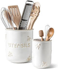 LE TAUCI Kitchen Utensil Holder Set of 2 - 6.9"+5.3" Large Ceramic Cooking Utensil Crock & Organizer for Spatula, Spoon, Whisk - Farmhouse Countertop Storage, Arctic White, Embossed, Bee by LETAUCI