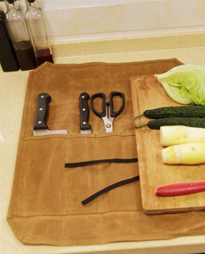 Denifiter Knife Cases Organizer-Durable 16OZ Waxed Canvas Knife Roll Construction-7 Pockets - (Khaki) - Image 5