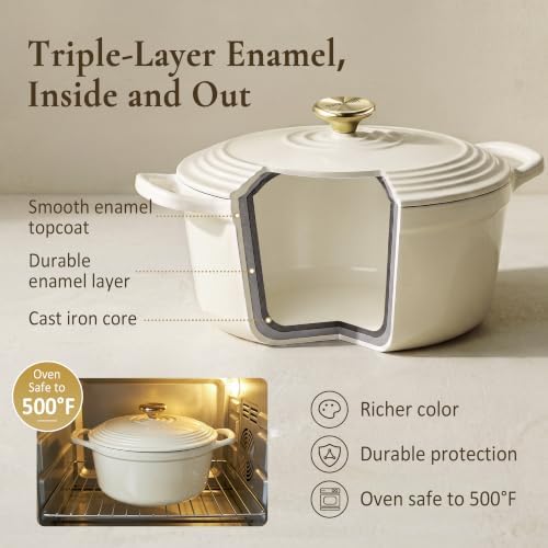 Overmont Enameled Cast Iron Dutch Oven - 5.5QT Pot with Lid Cookbook & Cotton Potholders - Heavy-Duty Cookware for Braising, Stews, Roasting, Sourdough Baking White - Image 5