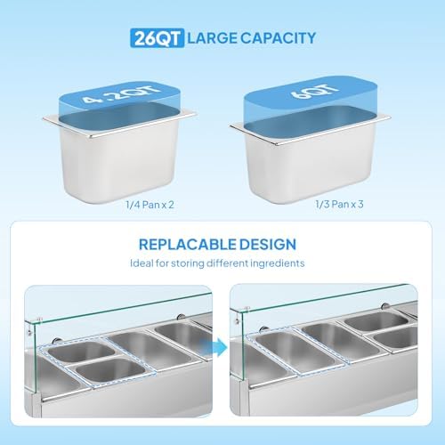 ROVSUN 48" Refrigerated Condiment Prep Station ETL NSF, 25.1QT Sandwich Prep Table Salad Bar Prep Rail w/Auto Defrost Temp Control Glass Shield 3 1/3 Pan & 2 1/4 Pan for Restaurant Food Truck - Image 5