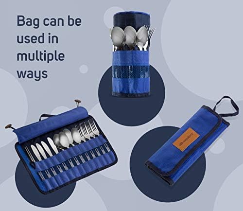 13 Piece Stainless Steel Family Cutlery Picnic Utensil Set with Travel Case for Camping | Hiking | BBQs - Includes Forks | Spoons | Knifes | Chopstick, Plus Nylon Commuter Case (Dark Blue) - Image 5