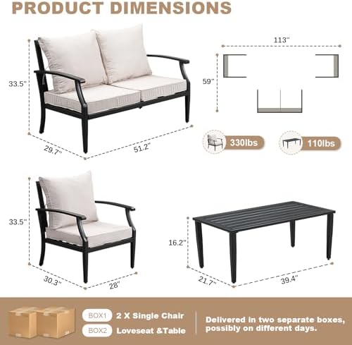 4-Piece Patio Furniture Set, Wider Outdoor Metal Seating Sofa with High Back & Lovsest, Coffee Table, All Weather Conversation for Backyard, Poolside, Deck-Beige - Image 2