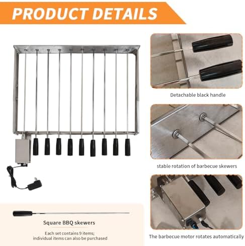 Electric Skewer Turner Stainless Steel Rotisserie Barbecue Grill with 10pcs Skewers and Adjustable Size (W) 58 x (D) 26-40 cm with Power Plug and USB BBQ Grill Rack - Image 4