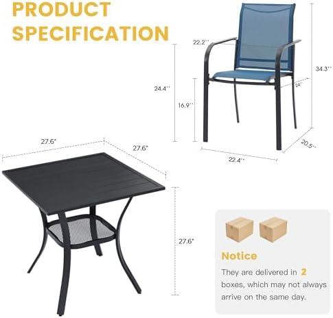 VICLLAX Patio Dining Set for 2, Outdoor Furniture Set Includes Small Table and 2 Stackable Sling Chairs, Bistro Set for Outside, Black Table and Blue Chairs - Image 6