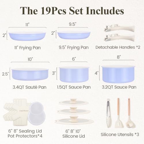 Chef Power Ceramic Nonstick Pots and Pans Set 19 Piece with Detachable Handle, Induction Dishwasher Oven Safe Cookware Set, RV Kitchen Set Removable Handle (Light Purple) - Image 2