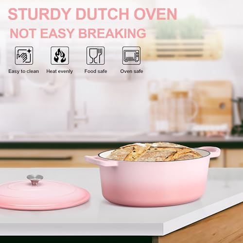 E-far 5QT Oval Dutch Oven Pot with Lid, Pink Enameled Cast Iron Dutch Oven - Image 7