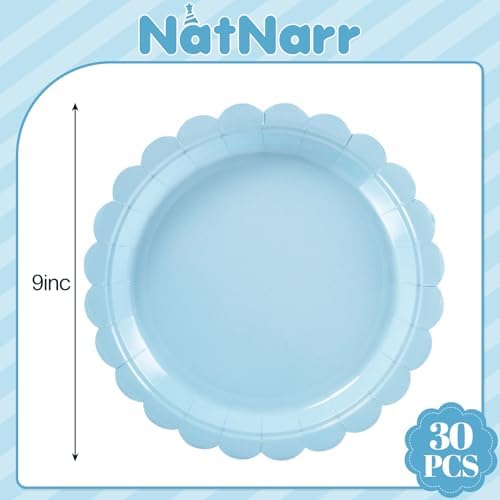 NatNarr 30 Pcs Light Blue Plates, 9 Inch Scalloped Blue Plates Dessert Party Plate Cute Paper Plate for Coastal Sea Beach Party, Boy Baby Shower, Birthday, Bachelorette (Pack of 3) - Image 2