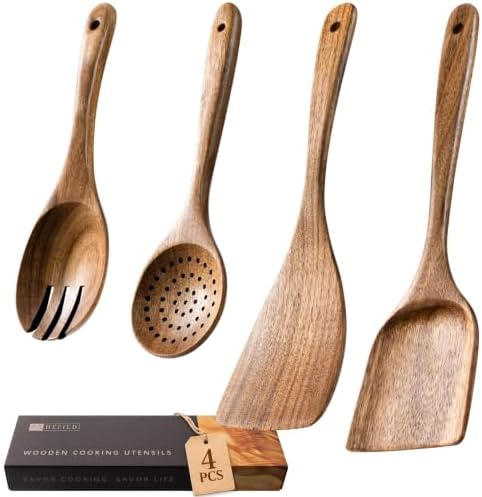 Wooden Spoons for Cooking, 4-Piece Acacia Wood Cooking Utensil Set by HEFILD
