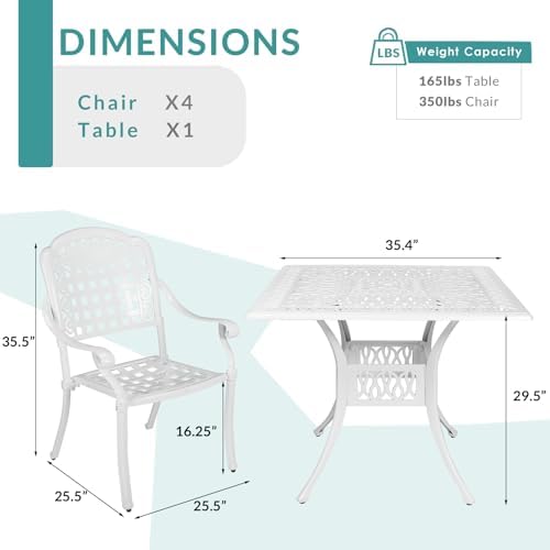 MEETWARM 5-Piece Outdoor Patio Dining Set, All-Weather Cast Aluminum Patio Conversation Set for Backyard Garden Deck with 4 Chairs, 4 Cushions and 35.4" Square Table with Umbrella Hole, White - Image 6