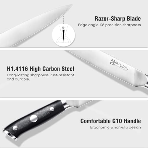 PAUDIN Carving Knife Set, 8 inch German High Carbon Stainless Steel Meat Slicing Knife with 7 inch Turkey Fork, Ergonomic Full Tang G10 Handle, Dishwasher Safe,BBQ Brisket Slicer,Cooking Gifts for Men - Image 6
