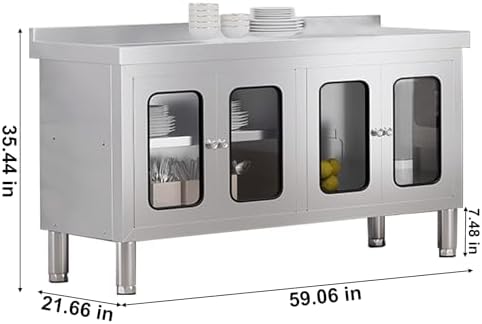 59" Stainless Steel Table Cabinet Heavy Duty Prep Table with 304 Stainless Steel Worktop and 4 Glass Doors Commercial Worktable Workbench with Storage Cabinet for Kitchen Garage Restaurant Outdoor - Image 7