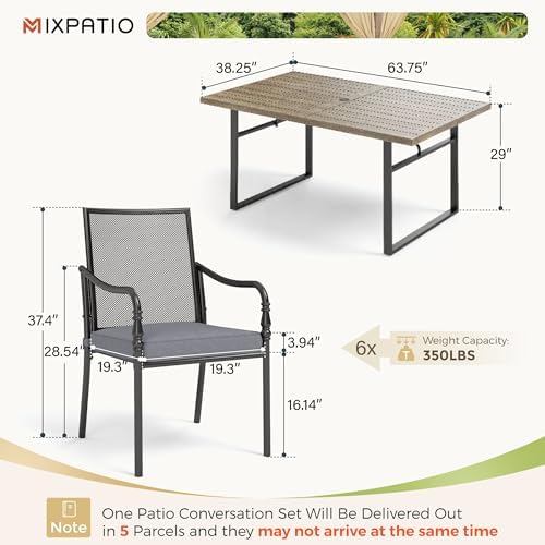 MIXPATIO 7pc Patio Dining Set, 64" Rectangle Metal Table, 6 Chairs, Black - Image 6