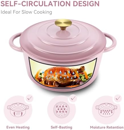Miereirl 4.5 Quart Enameled Dutch Oven Pot with Lid, Cast Iron Dutch Oven with Dual Handles for Bread Baking, Cooking, Non-stick Enamel Coated Cookware, Pink - Image 7