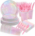 168Pcs Pink Pastel Rainbow Party Decorations Pink Iridescent Plates and Napkins Cups Tableware Sets Rainbow Party Decorations for Rainbow on Cloud 9 Birthday Weddings Baby Shower Supplies Serves 24 by Greencian