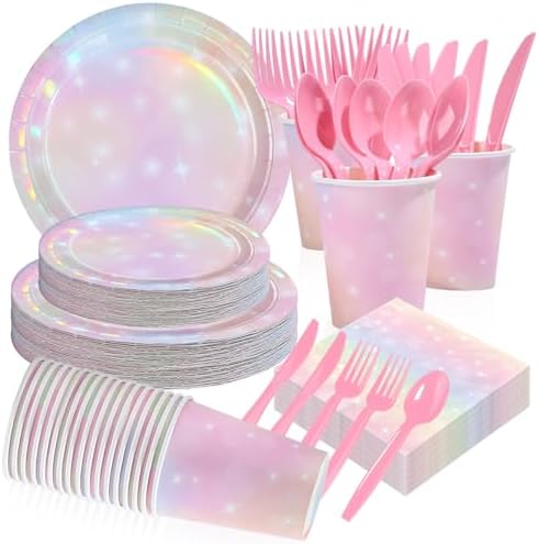 168Pcs Pink Pastel Rainbow Party Decorations Pink Iridescent Plates and Napkins Cups Tableware Sets Rainbow Party Decorations for Rainbow on Cloud 9 Birthday Weddings Baby Shower Supplies Serves 24 by Greencian