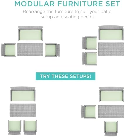 Best Choice Products 4-Piece Outdoor Wicker Patio Conversation Furniture Set for Backyard w/Coffee Table, Seat Cushions - Gray/Light Mint - Image 2