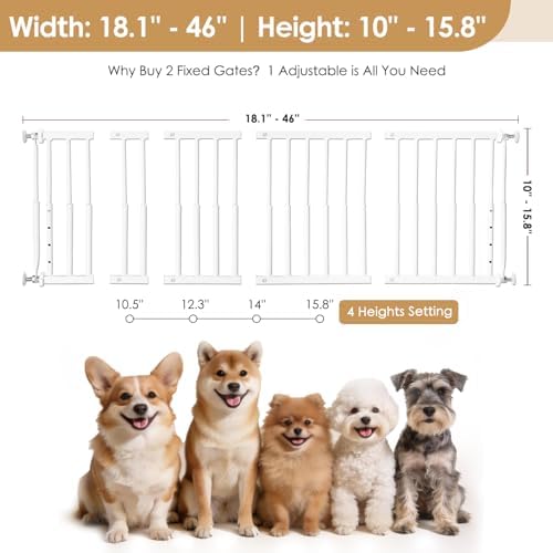 10''-15.8'' Height Adjustable Dog Gate, Extra Wide 18.1"-46" All Metal Short Dog Gate to Step Over, Pressure Mount Small Pet Puppy Gate for Stairs & Doorways(White) - Image 4