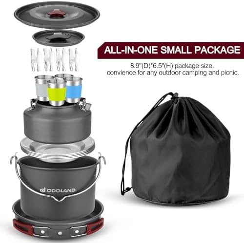 Odoland 22pcs Camping Cookware Mess Kit, Large Size Hanging Pot Pan Kettle with Base Cook Set for 4, Cups Dishes Forks Spoons Kit for Outdoor Camping Hiking Picnic - Image 6