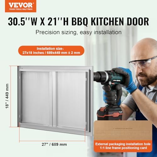 VEVOR BBQ Access Door, 30.5W x 21H Inch Double Outdoor Kitchen, Stainless Steel Flush Mount, Wall Vertical with Recessed Handles, for BBQ Island, Grilling Station, Outside Cabinet - Image 2