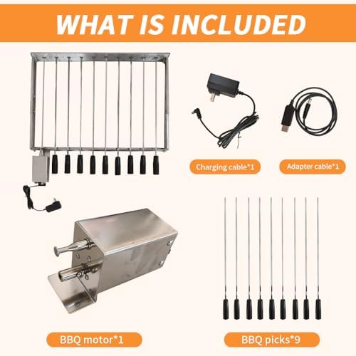 Electric Skewer Turner Stainless Steel Rotisserie Barbecue Grill with 10pcs Skewers and Adjustable Size (W) 58 x (D) 26-40 cm with Power Plug and USB BBQ Grill Rack - Image 5