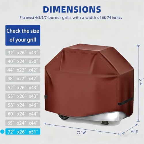 BBQ Gas Grill Cover for Outdoor, Anti-UV, Rip-Proof, 600D Oxford Fade Resistant Material, Barbecue Cover with Hook and Loop Straps & Adjustable Hem Drawstring (Reddish Brown, 72”x26”x51”) - Image 2