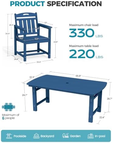 Ciokea HDPE Outdoor Dining Set of 4, Patio Table and Chairs Sets, Navy Blue - Image 2