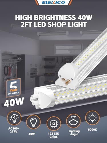 ELEKICO 4 Pack 2ft Led Shop Lights, 6000k 40w 5600lm 24 Inch Led Light Fixture Power Cord Wth on/Off Switch, Linkable 2ft Shop Light for Small Garage Ceiling Storage Area Workbench Basement Attic - Image 2