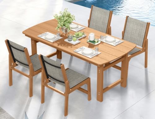 Ciokea HDPE Outdoor Dining Set, Patio Table and 4 Stackable Chairs, Teak by CIOKEA