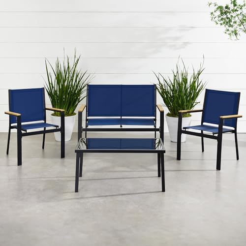 Best Choice Products 4-Piece Outdoor Textilene Patio Conversation Set, Backyard Furniture w/Loveseat, Coffee Table, Steel Frame - Black/Navy - Image 2