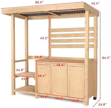 ECACAD Outdoor Kitchen Island with Canopy & Trash Can Cabinet, 6.7FT Cedar Wood Grill Bar Counter Table with Storage Cabinet & Shelves, Grill Pavilion for Patio Kitchen, Backyard, Garden, Natural - Image 7