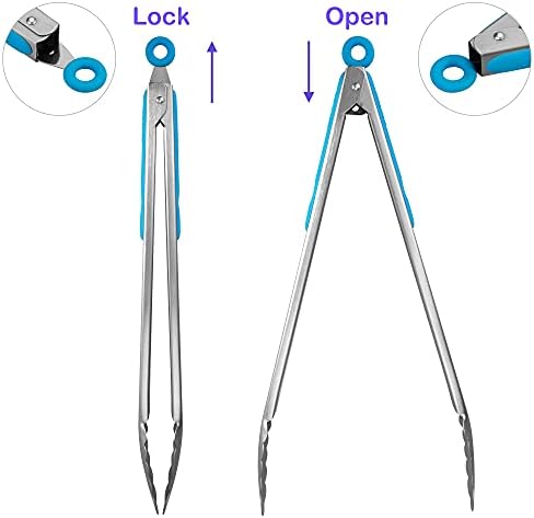 304 Stainless Steel Kitchen Cooking Tongs, 14 & 16 Inch, Set of 2, Blue - Image 3
