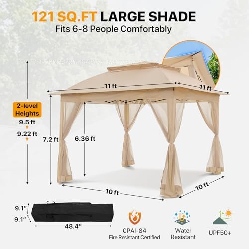 COOS BAY 11x11 Pop Up Gazebo with Netting, Canopy Tent, Khaki - Image 3