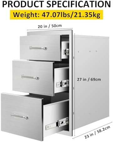 Outdoor Kitchen Drawers 20" W x 27" H x 23" D Flush Mount Triple BBQ Drawers with Chrome Handle Stainless Steel Drawer for Outdoor Kitchen Island, Patio Grill Station - Image 2