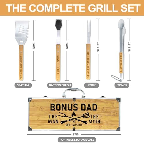 Bonus Dad Gifts from Bonus Daughter Christmas, Heavy Duty Wooden BBQ Grilling Accessories Kit for Backyard, Thick Stainless Steel Grill Utensils with Non-Slip Handle Tools in Portable Bag - Image 3