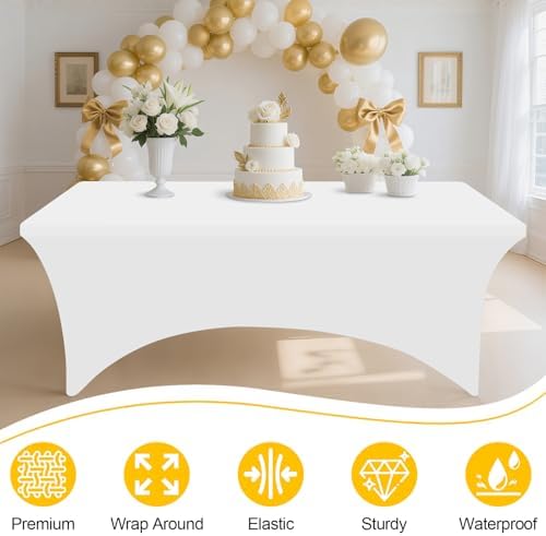 Smiry 2 Pack Spandex Table Cloth 8FT, Elastic Fitted White Tablecloth - Image 4