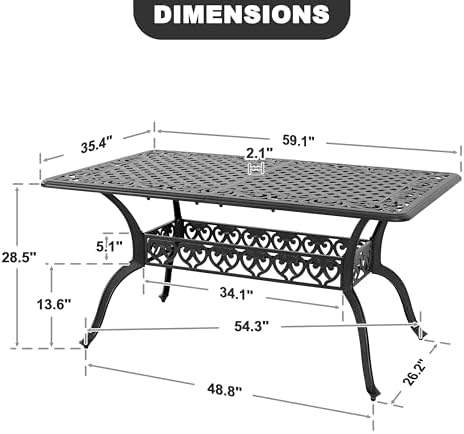 NUU GARDEN 60" Outdoor Dining Table with 2.09" Umbrella Hole, All Weather Cast Aluminum Outdoor Patio Table, 6-8 Person Rectangle Dining Table, Backyard Bistro Table for Garden, Poolside, Black - Image 2
