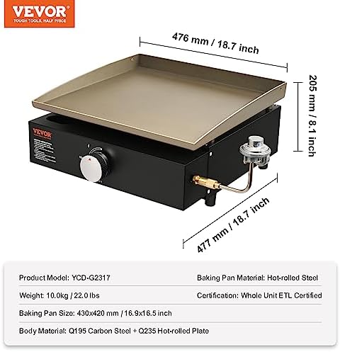 VEVOR Griddle, 16.9" Heavy Duty Manual Flat Top Griddle, Countertop Gas Grill with Non-Stick Cooking Plate, Steel Propane Gas Griddle, 1-Burners Restaurant Portable Grill - 22,000 BTU - Image 7
